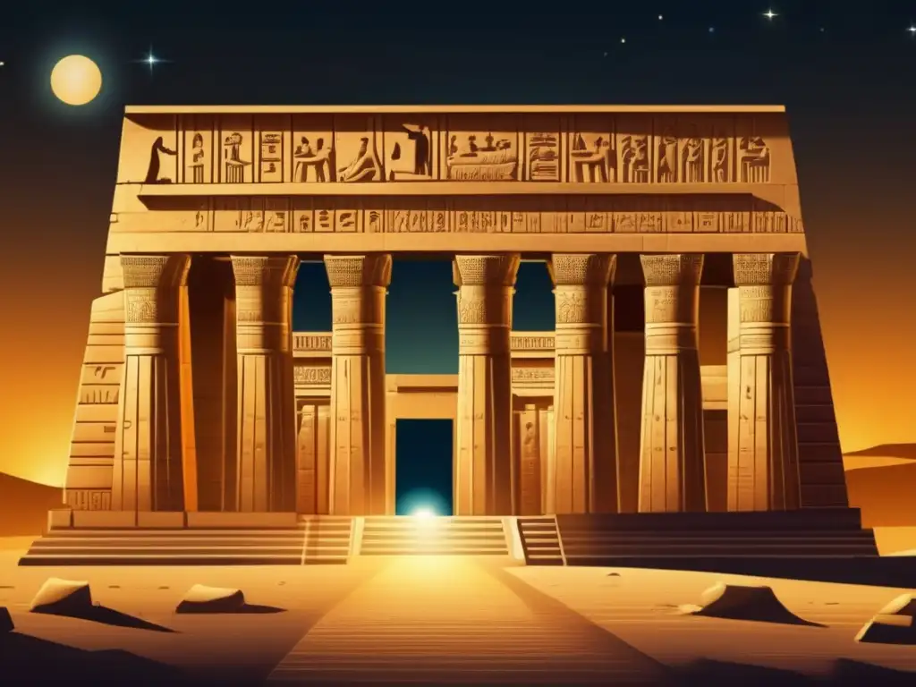 Templo de Dendera: Majestuosidad celestial El majestuoso Templo de Dendera, iluminado por el suave resplandor del sol poniente
