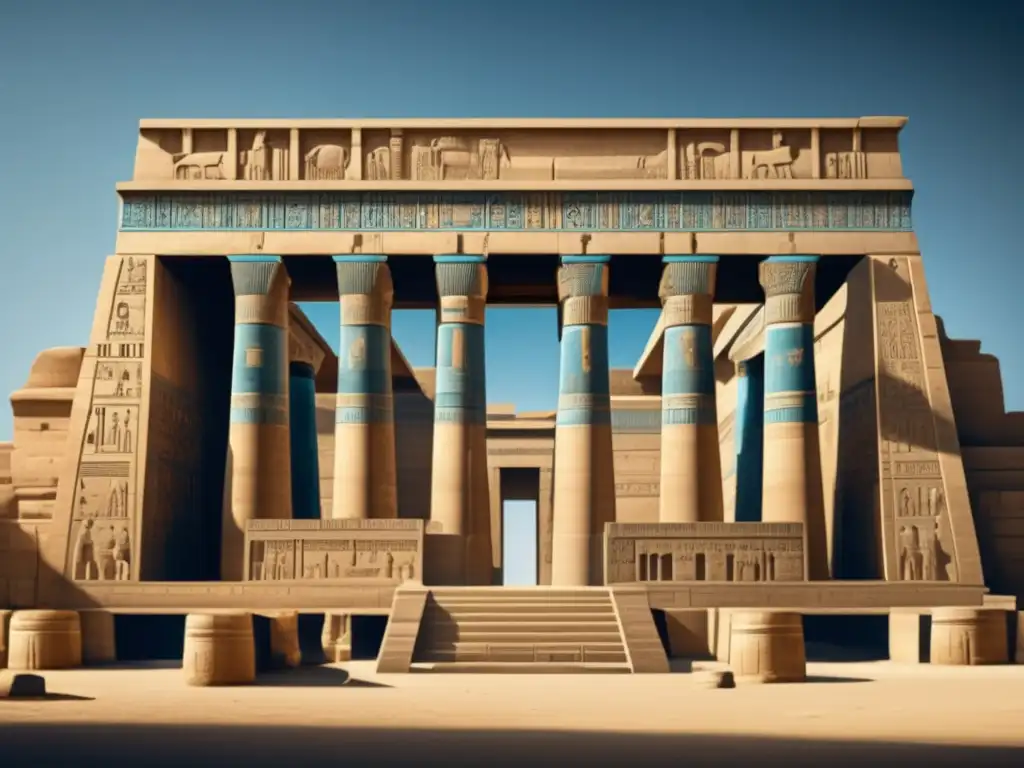 Templo de Dendera: Un viaje en el tiempo El majestuoso Templo de Dendera emerge en una imagen detallada de 8k, transportando al espectador a la enigmática mitología egipcia