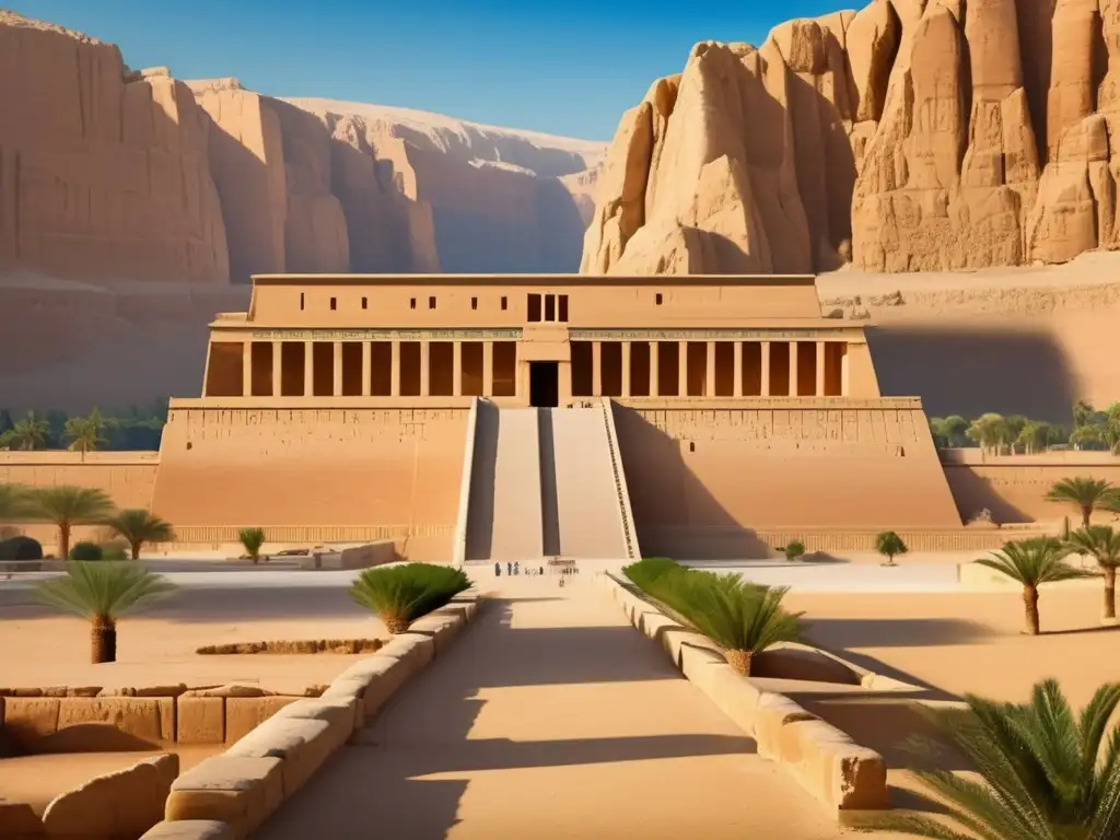 El majestuoso Templo de Hatshepsut en Egipto, con detalles arquitectónicos y vegetación exuberante