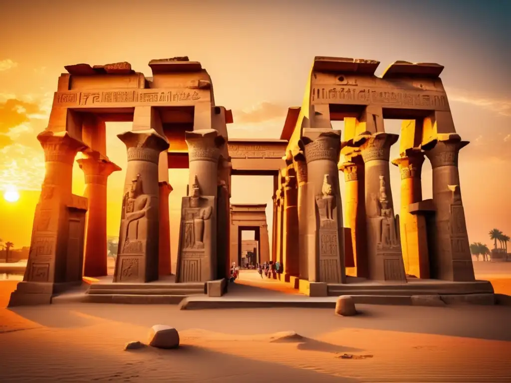 El majestuoso Templo Doble Kom Ombo, con sus intrincados grabados y su estructura única, se destaca en el atardecer