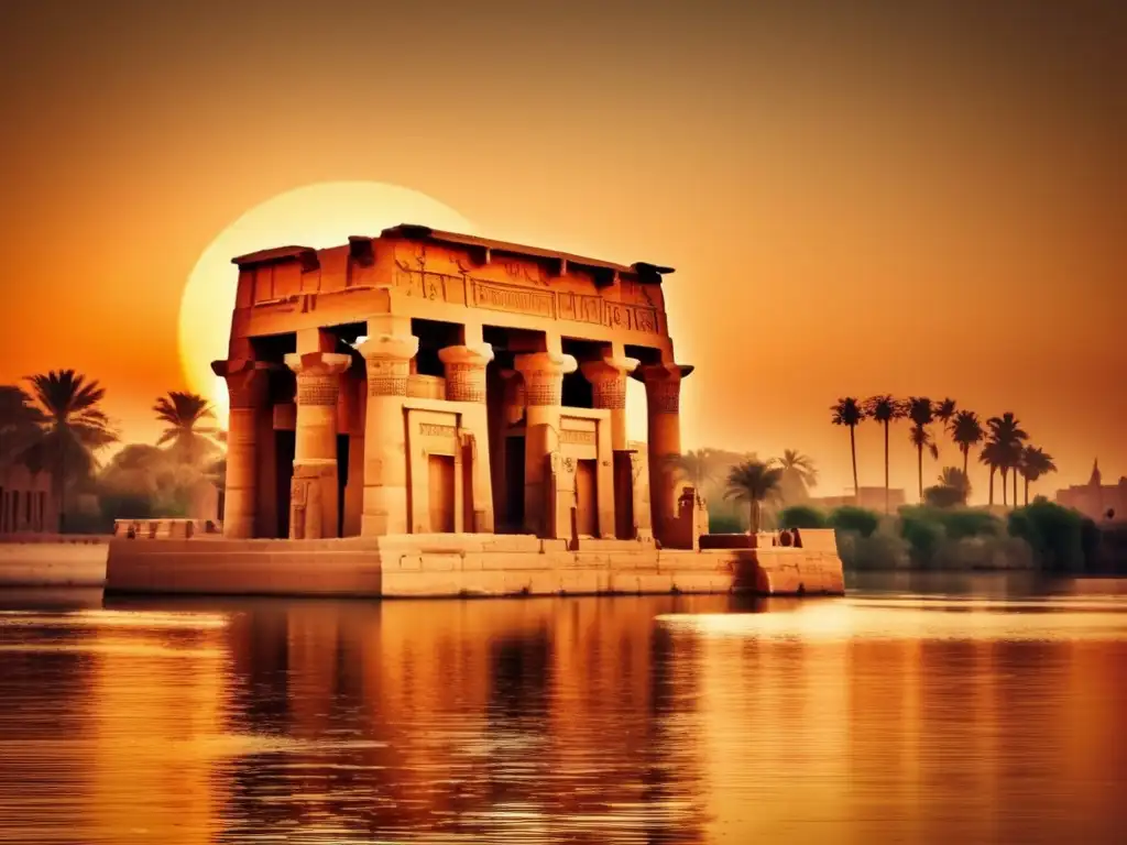 El majestuoso Templo Doble Kom Ombo se alza orgulloso frente al río Nilo, enmarcado por tonos cálidos y una atmósfera vintage