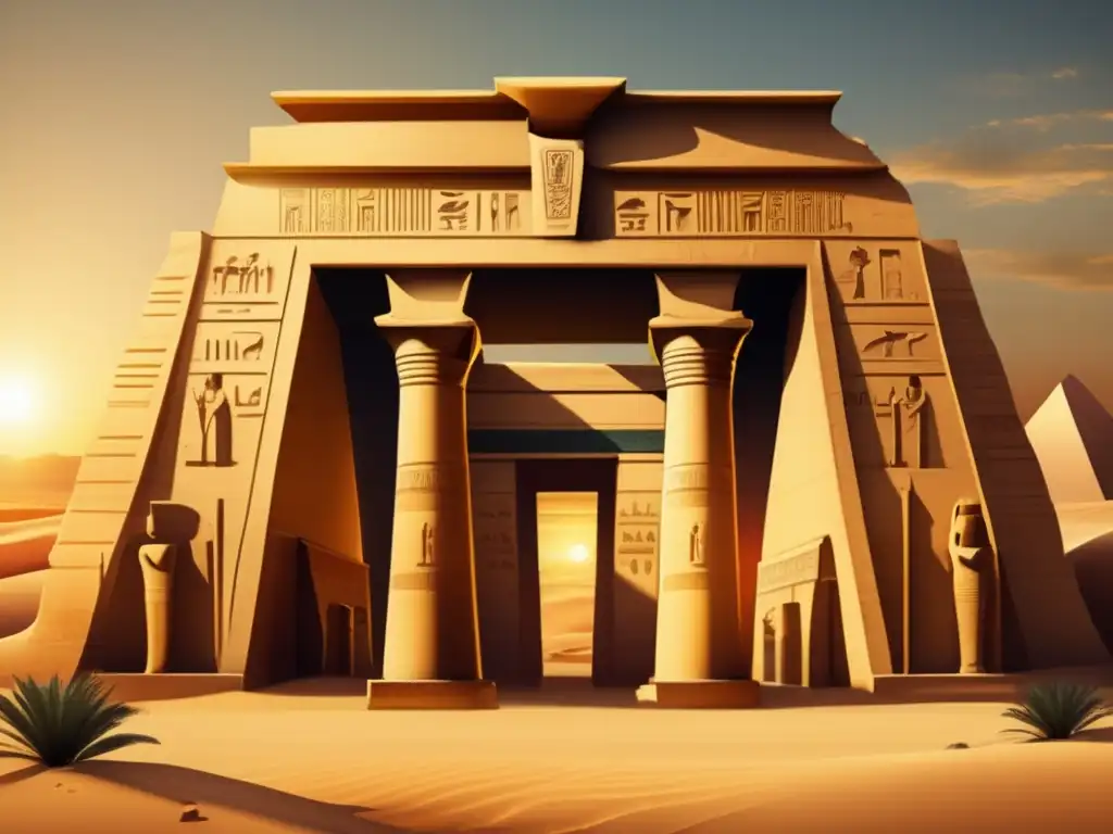 Majestuoso templo egipcio adornado con jeroglíficos antiguos, resaltando la iconografía del Antiguo Egipto al atardecer dorado