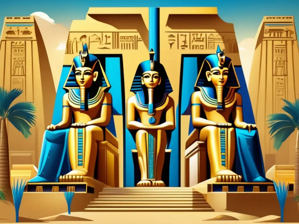 Un majestuoso templo egipcio adornado con intrincadas jeroglíficos y estatuas colosales de deidades egipcias