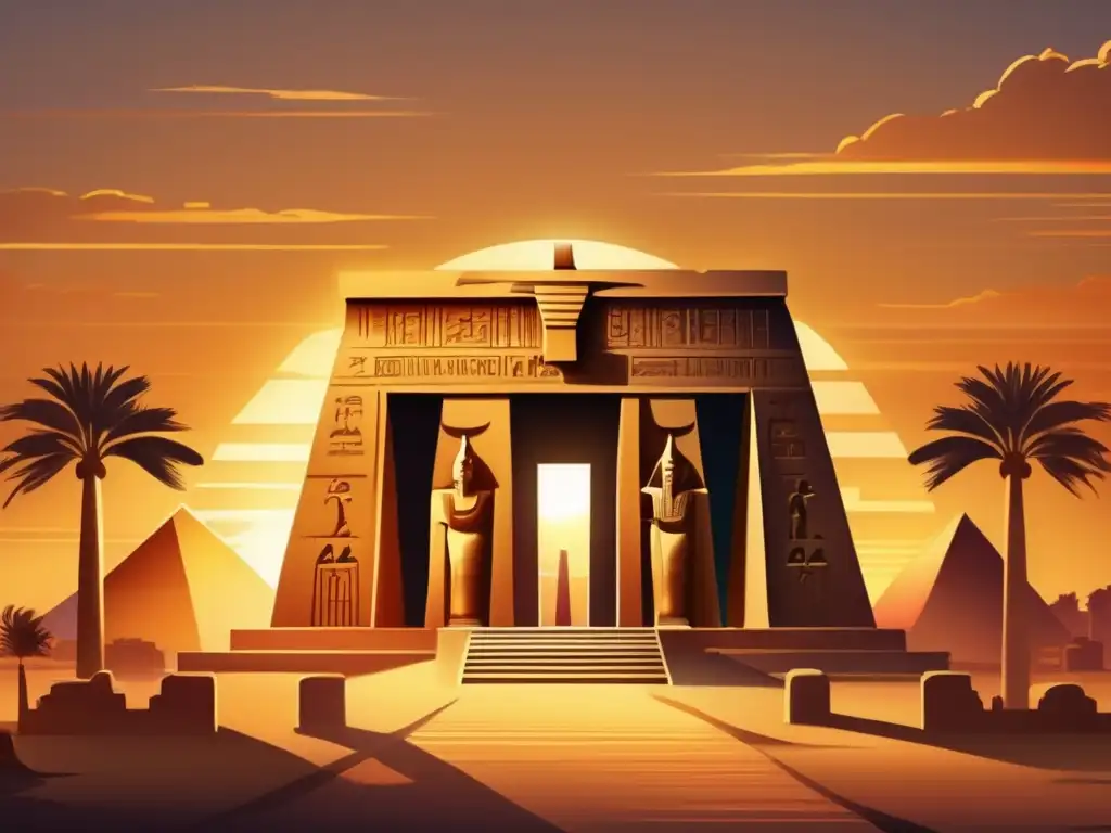 Majestuoso templo egipcio al atardecer, con jeroglíficos intrincados y creencias religiosas durante el Segundo Periodo Intermedio