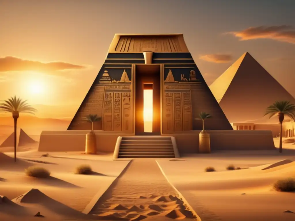 Majestuoso templo egipcio al atardecer dorado, con jeroglíficos detallados