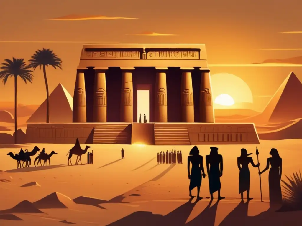 Majestuoso templo egipcio al atardecer en un desierto infinito