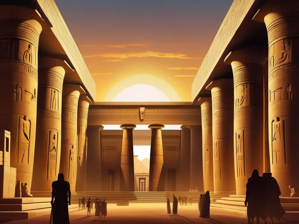 Majestuoso templo egipcio al atardecer, con influencia en la cultura pop antiguo Egipto