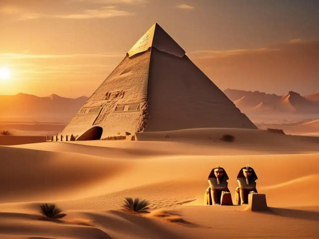 Majestuoso templo egipcio al atardecer en el desierto dorado, con estatuas de Anubis y jeroglíficos