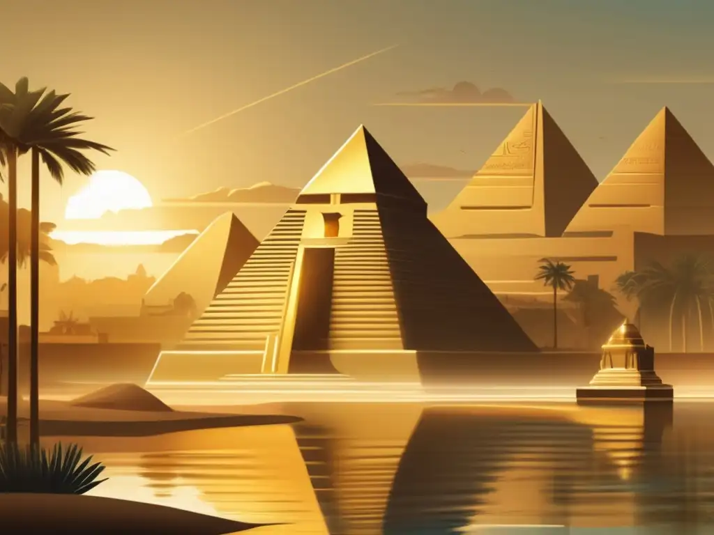Un majestuoso templo egipcio bañado en luz dorada, con jeroglíficos e intrincados tallados
