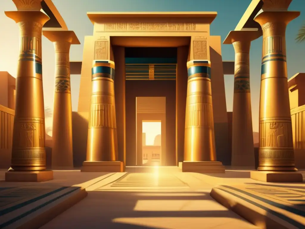 Un majestuoso templo egipcio con columnas de mármol y grabados, bañado en cálida luz dorada