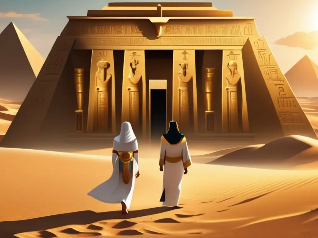 Majestuoso templo egipcio en el desierto bañado de luz dorada, con jeroglíficos y grabados preservados
