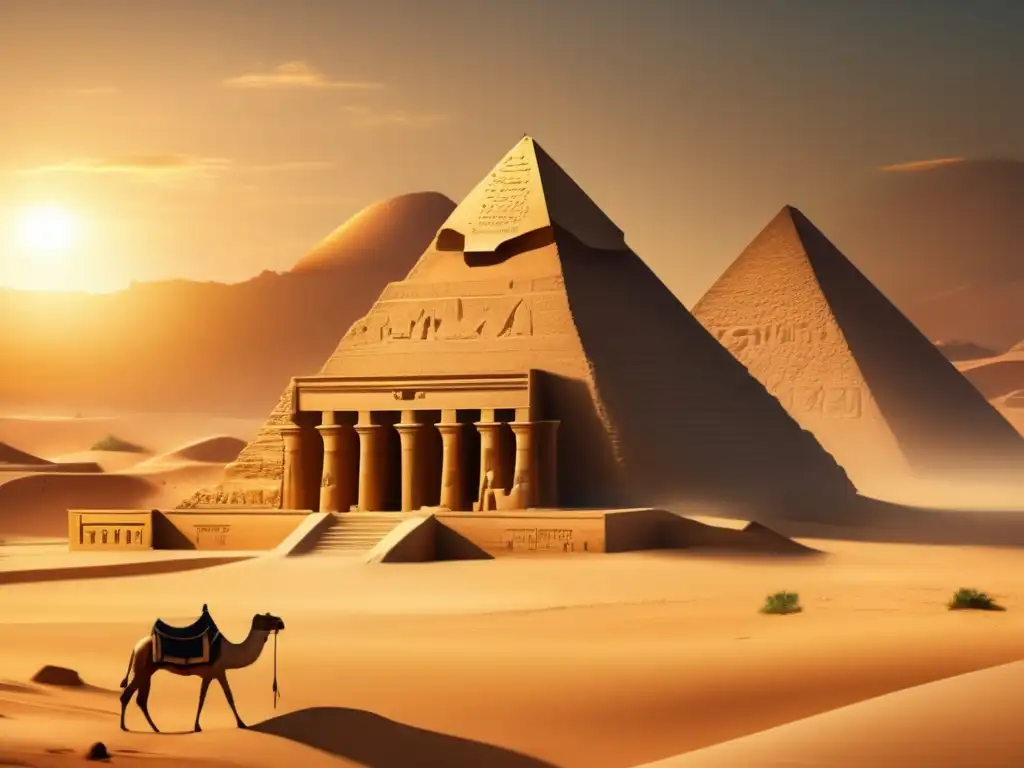 Un majestuoso templo egipcio se alza en el desierto, bañado en cálida luz dorada