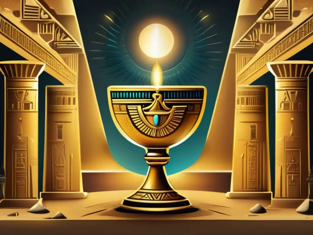 Majestuoso templo egipcio con jeroglíficos y tallados, donde brilla un cáliz dorado sobre un pedestal de piedra