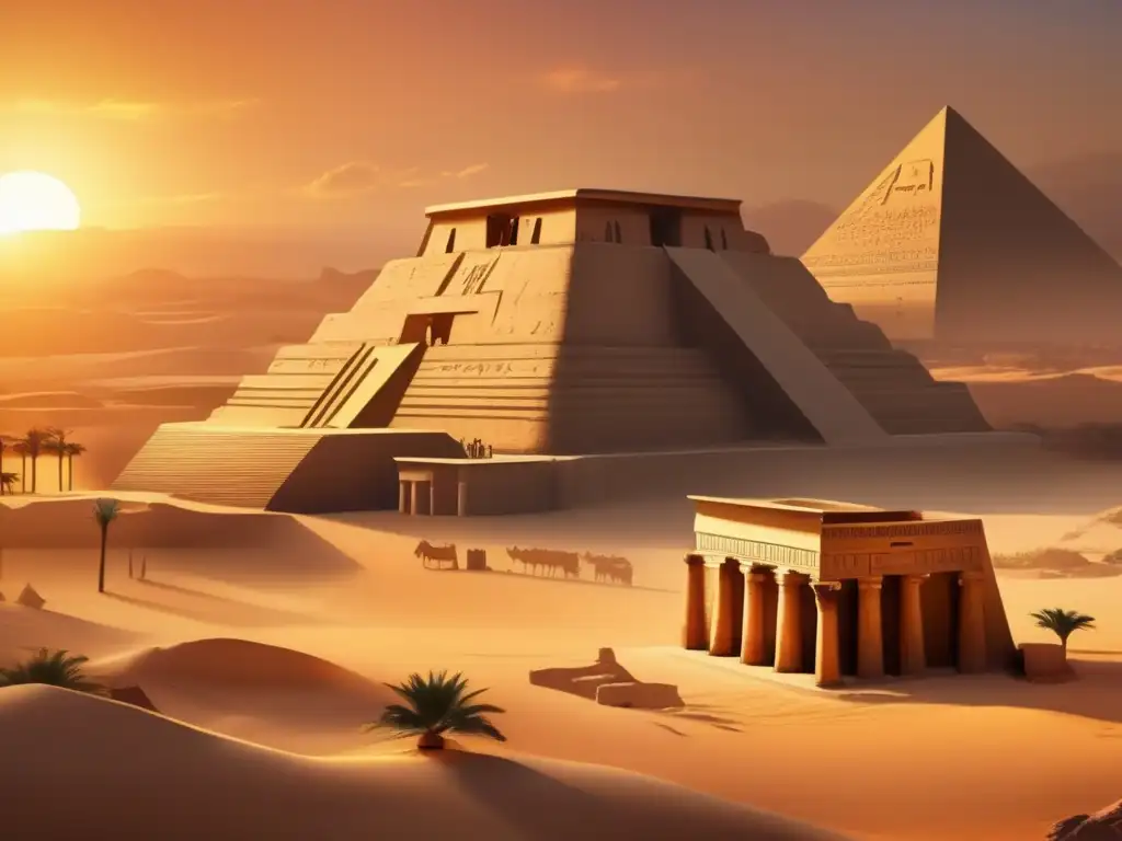 Un majestuoso templo egipcio del Periodo Tardío se alza imponente ante un atardecer dorado, destacando la influencia de esta época en Egipto