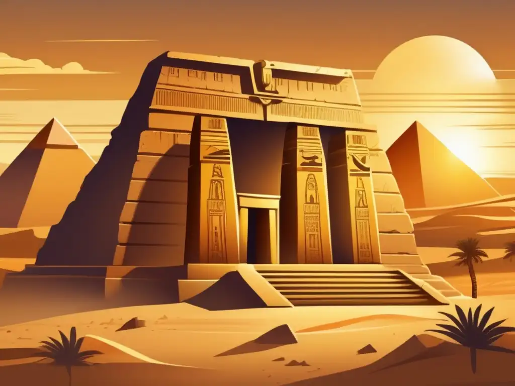 Un majestuoso templo egipcio en ruinas, rodeado de un paisaje dorado del desierto