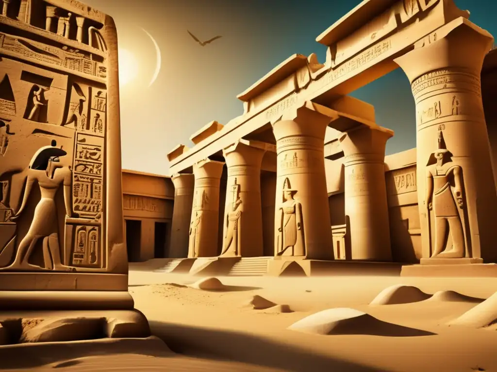 Majestuoso templo egipcio en ruinas, cubierto de arena, con jeroglíficos desvanecidos y grabados intrincados en sus paredes
