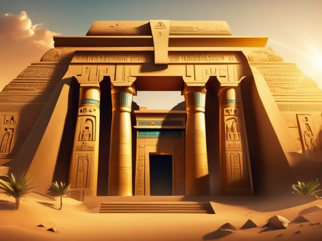Un majestuoso templo egipcio vintage, bañado en cálida luz dorada, ilustra los ritos de conmemoración del nacimiento de los dioses egipcios