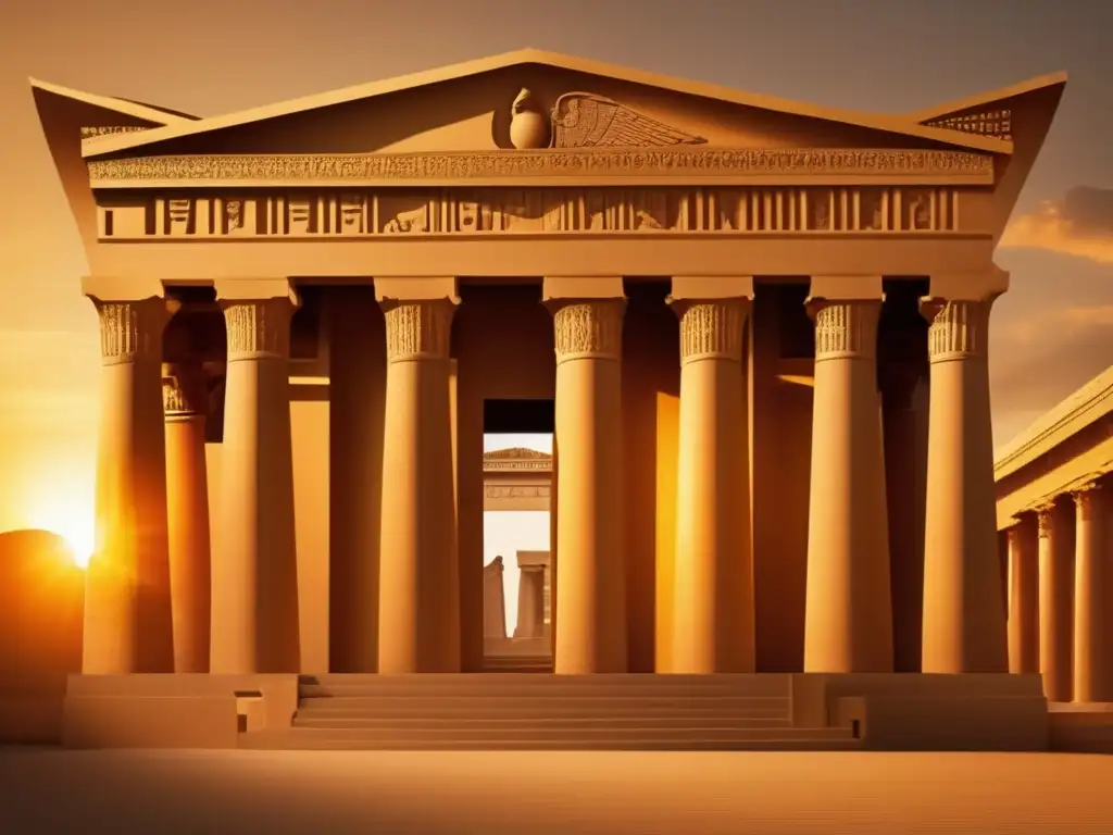 Un majestuoso templo de la era ptolemaica se alza imponente ante un atardecer dorado