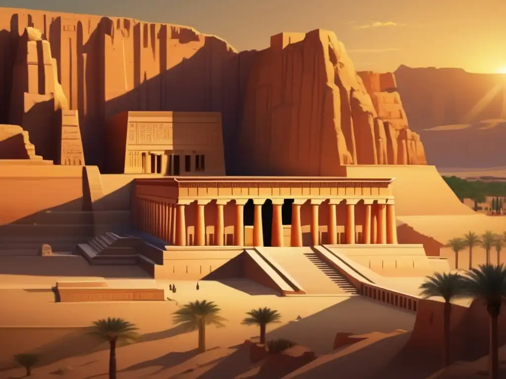 Majestuoso Templo de Hatshepsut al atardecer, destacando su grandiosidad contra los acantilados de Deir el-Bahari