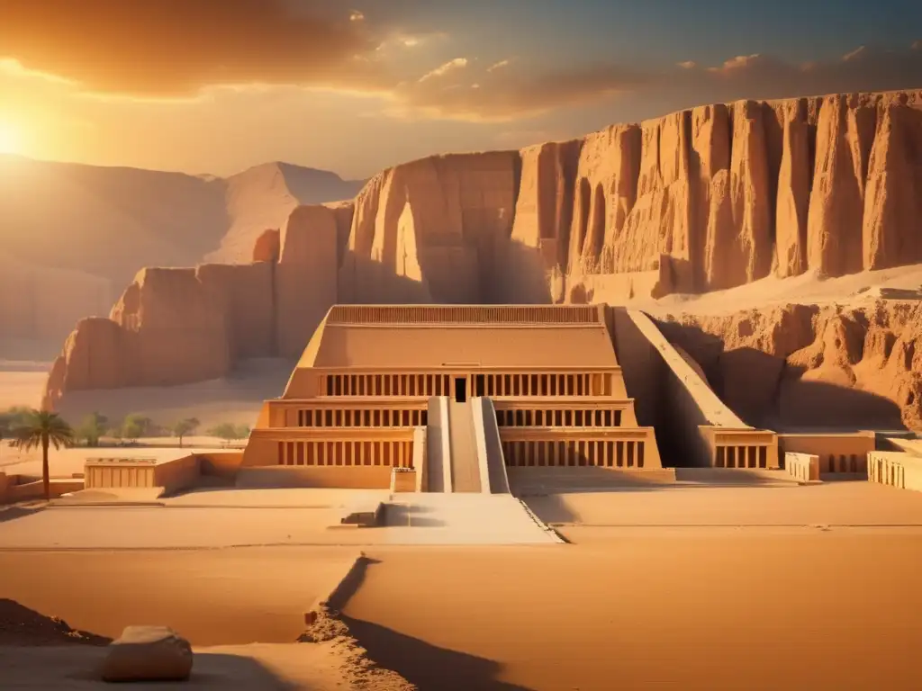 El majestuoso Templo de Hatshepsut en Deir el-Bahari, bañado por el resplandor dorado del atardecer