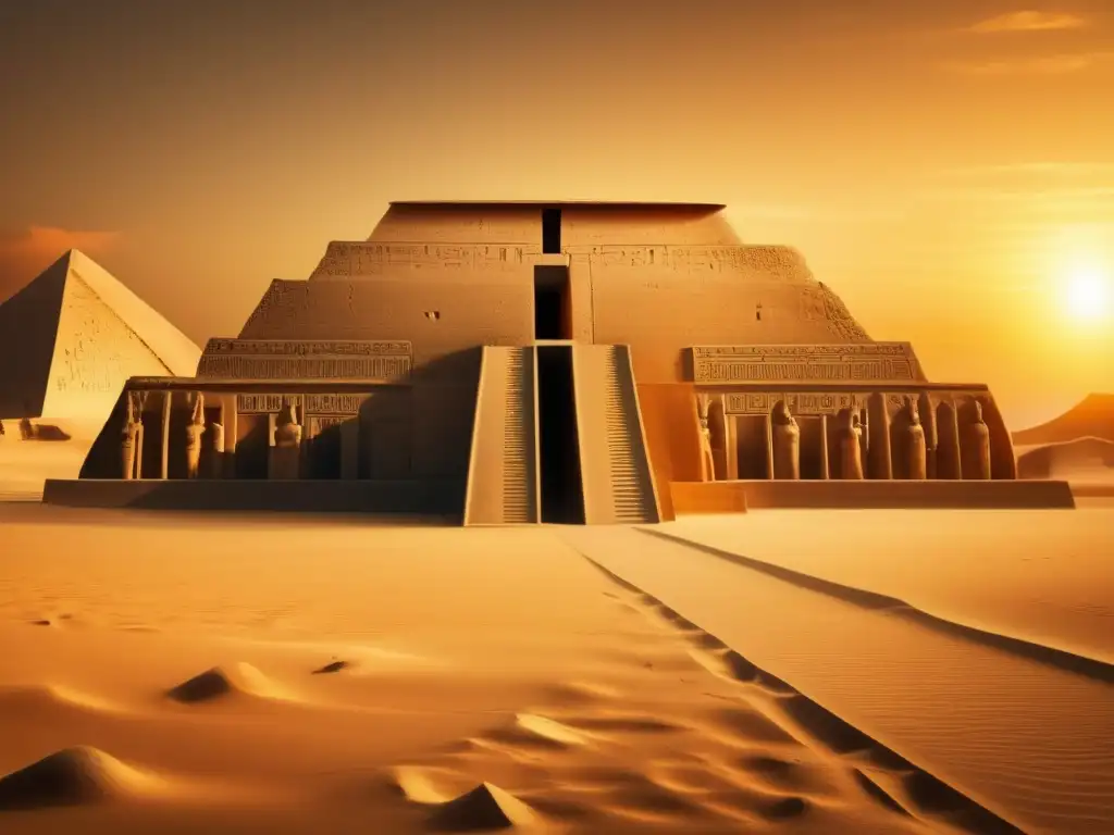 El majestuoso Templo de Seti I en Abydos, Egipto, resalta contra el horizonte mientras el sol se pone
