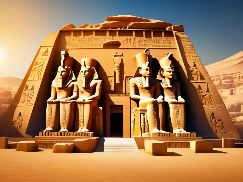 El majestuoso Templo de Horus en Behdet, bañado por la cálida luz dorada del sol, se alza con orgullo contra un cielo azul profundo