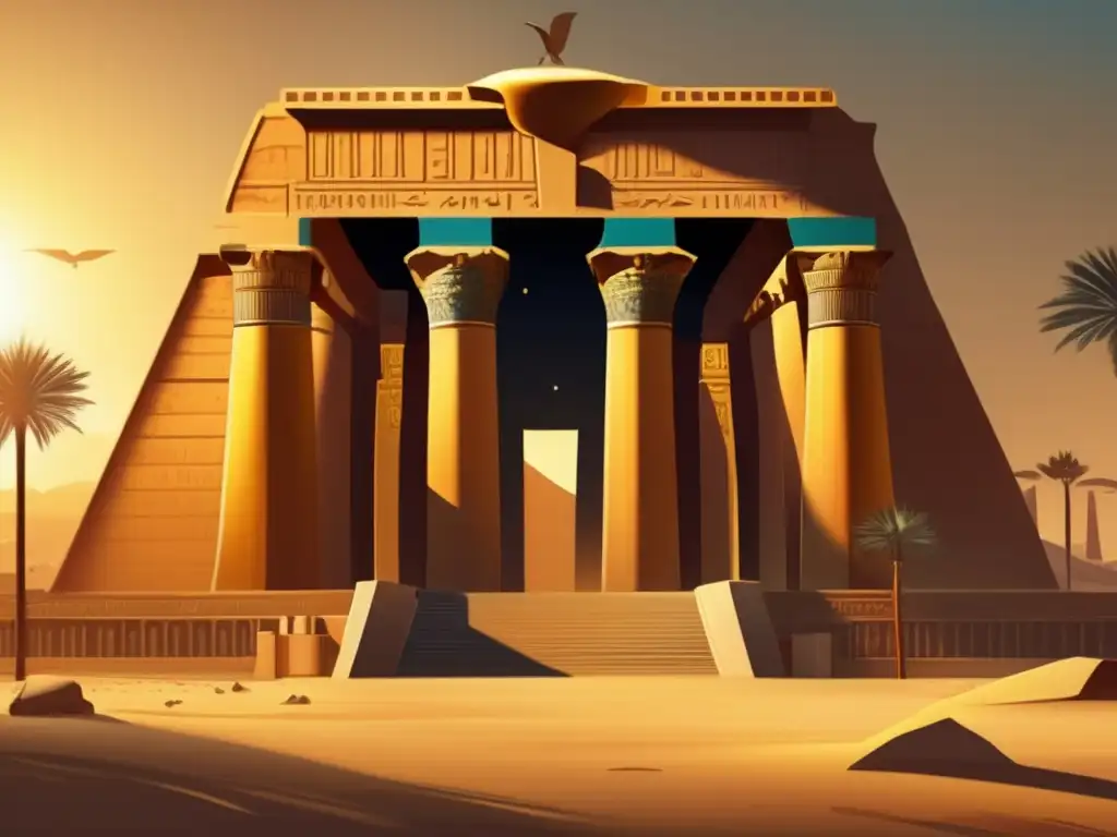 Un majestuoso Templo de Horus en Behdet emerge ante nosotros, bañado por el sol en un cálido resplandor dorado