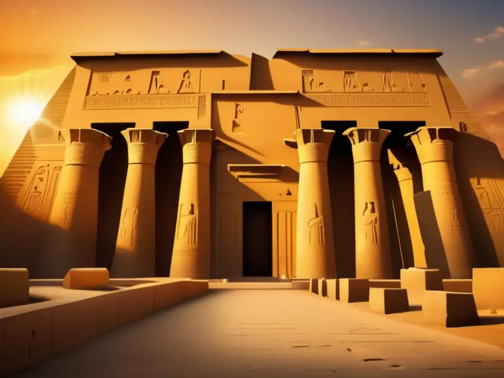 El majestuoso Templo de Horus en Edfu se alza imponente contra un fondo de atardecer dorado