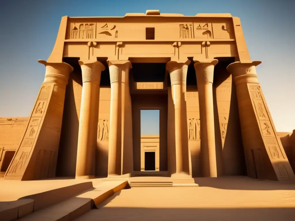 Majestuoso Templo de Horus en Edfu, con sus paredes de arenisca desgastada y adornos intrincados, se alza ante el cielo azul