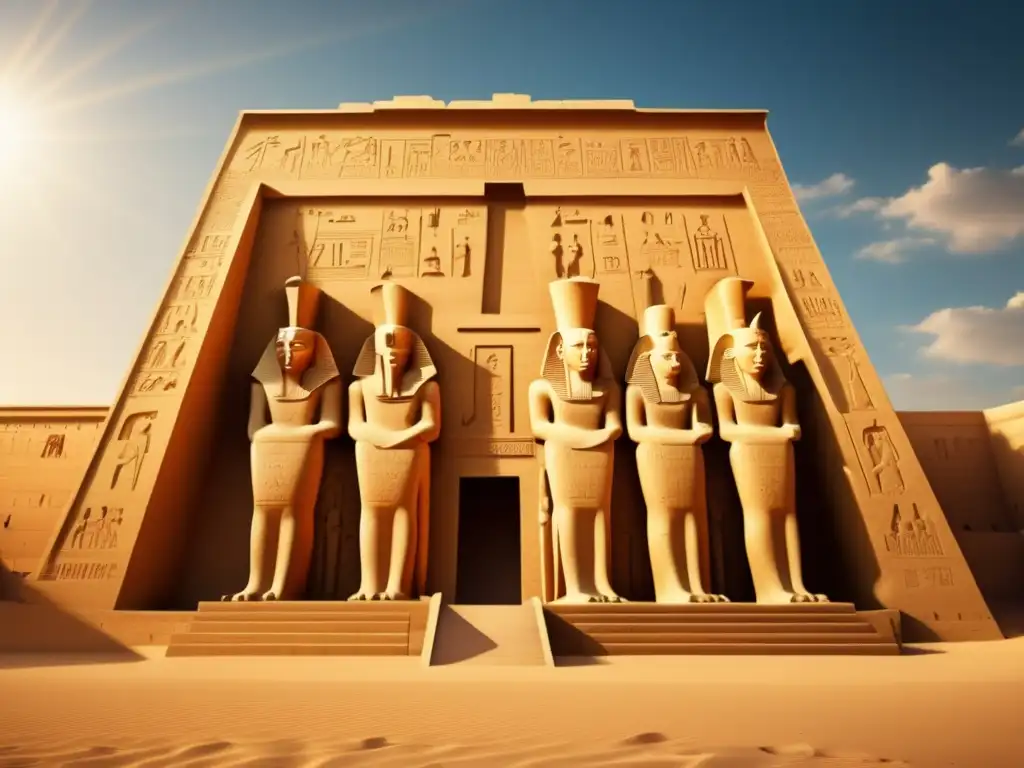 El majestuoso Templo de Horus en Edfu brilla bajo el sol dorado, con columnas adornadas y escenas de la mitología egipcia