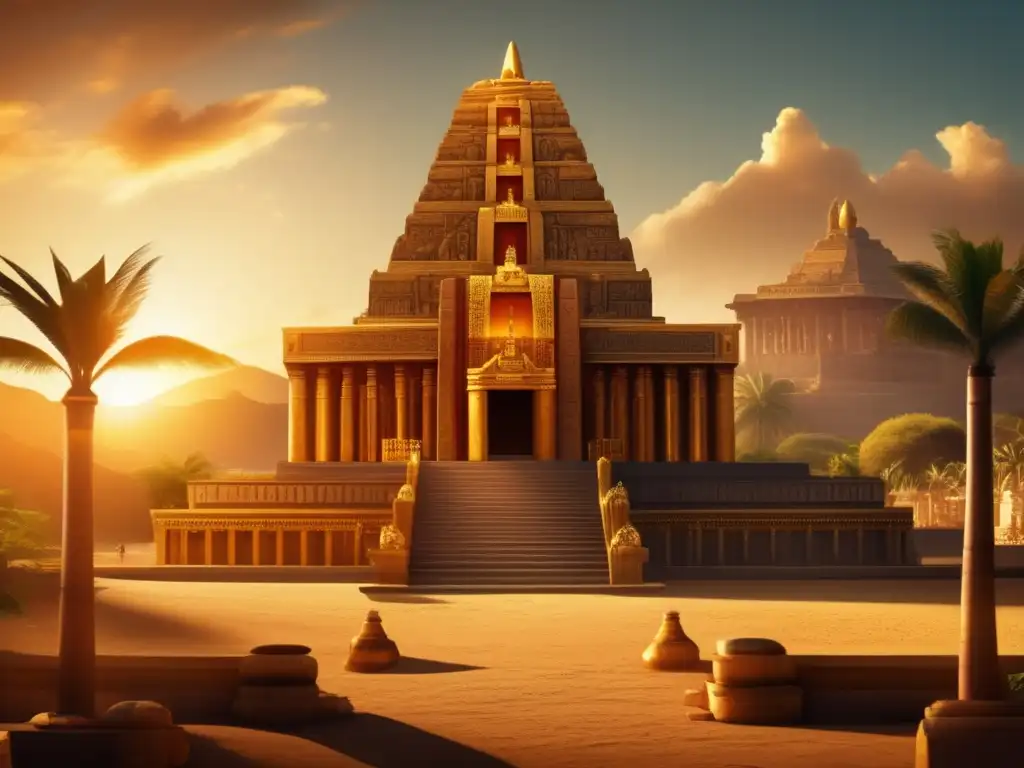 Un majestuoso templo iluminado por cálidos rayos dorados, símbolos y rituales de legitimación faraónica en un estilo vintage