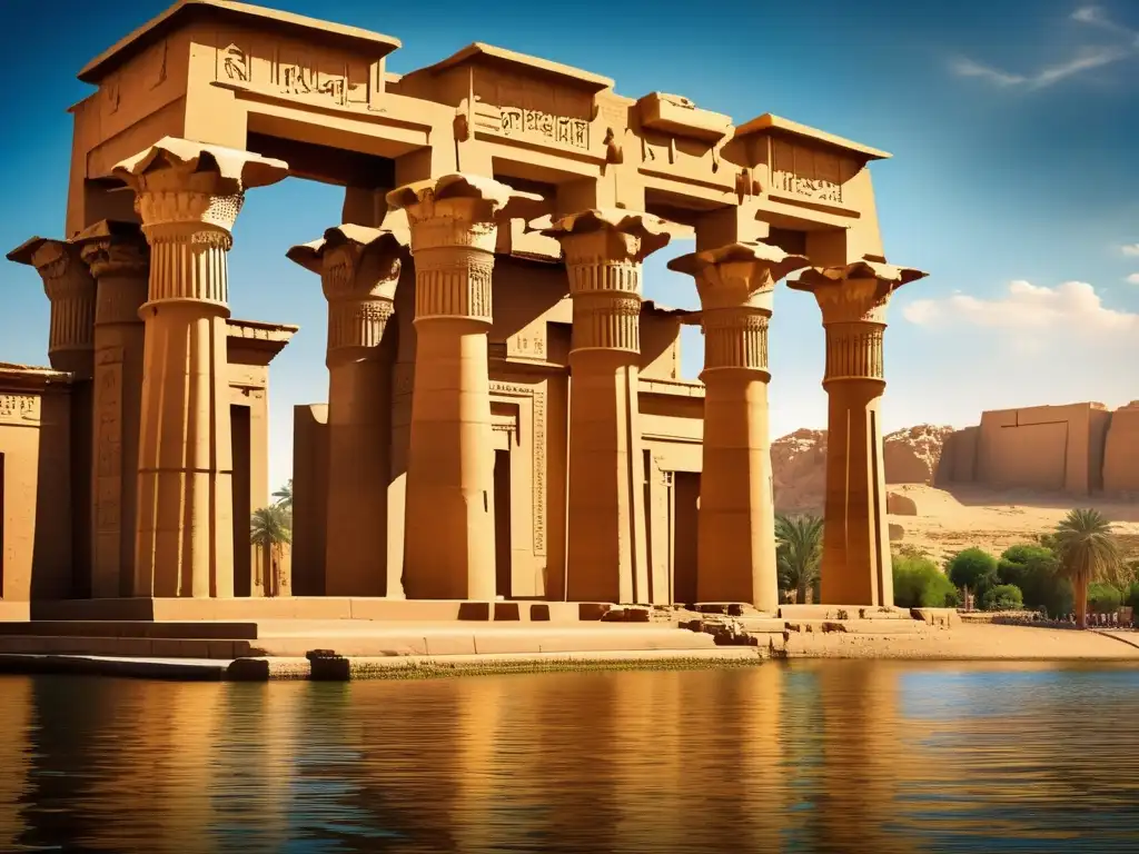 El majestuoso Templo de Isis en Philae, con su arquitectura grandiosa y detallada, se alza contra el vibrante cielo azul