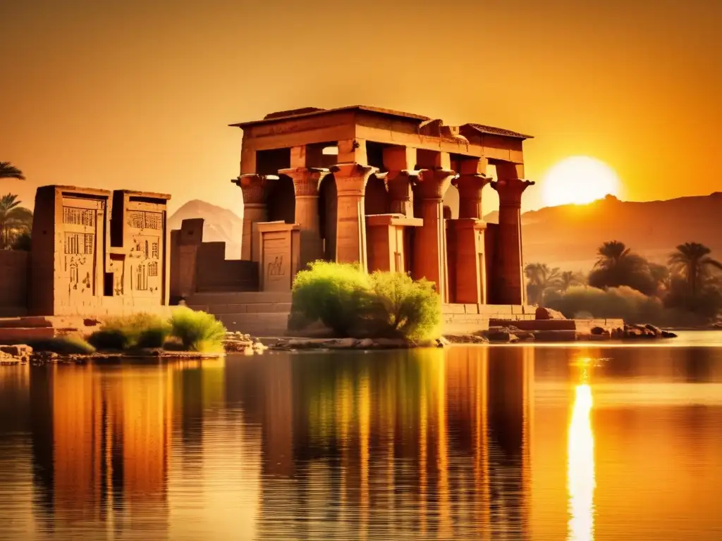 El majestuoso Templo de Isis en Philae, Egipto, bañado en la cálida luz dorada del atardecer