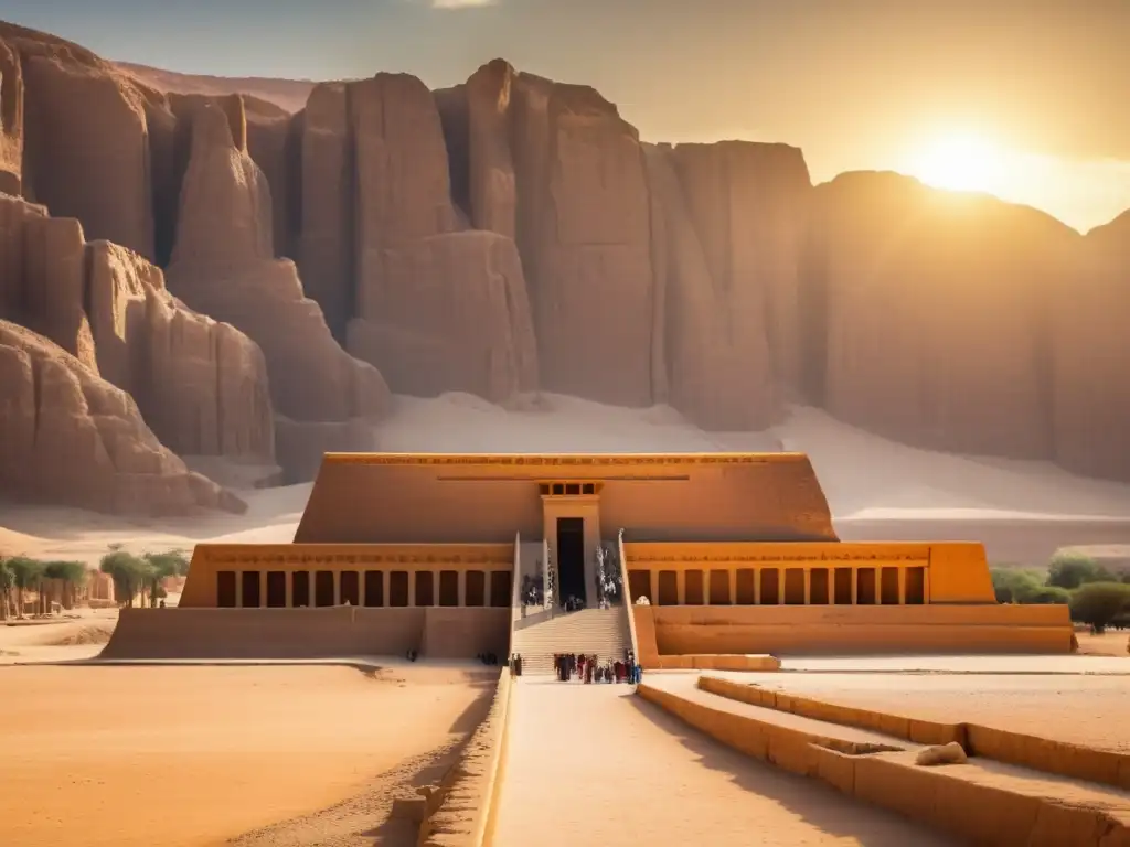 El majestuoso Templo Mortuorio de Hatshepsut en Deir el-Bahari se yergue imponente frente al desierto dorado