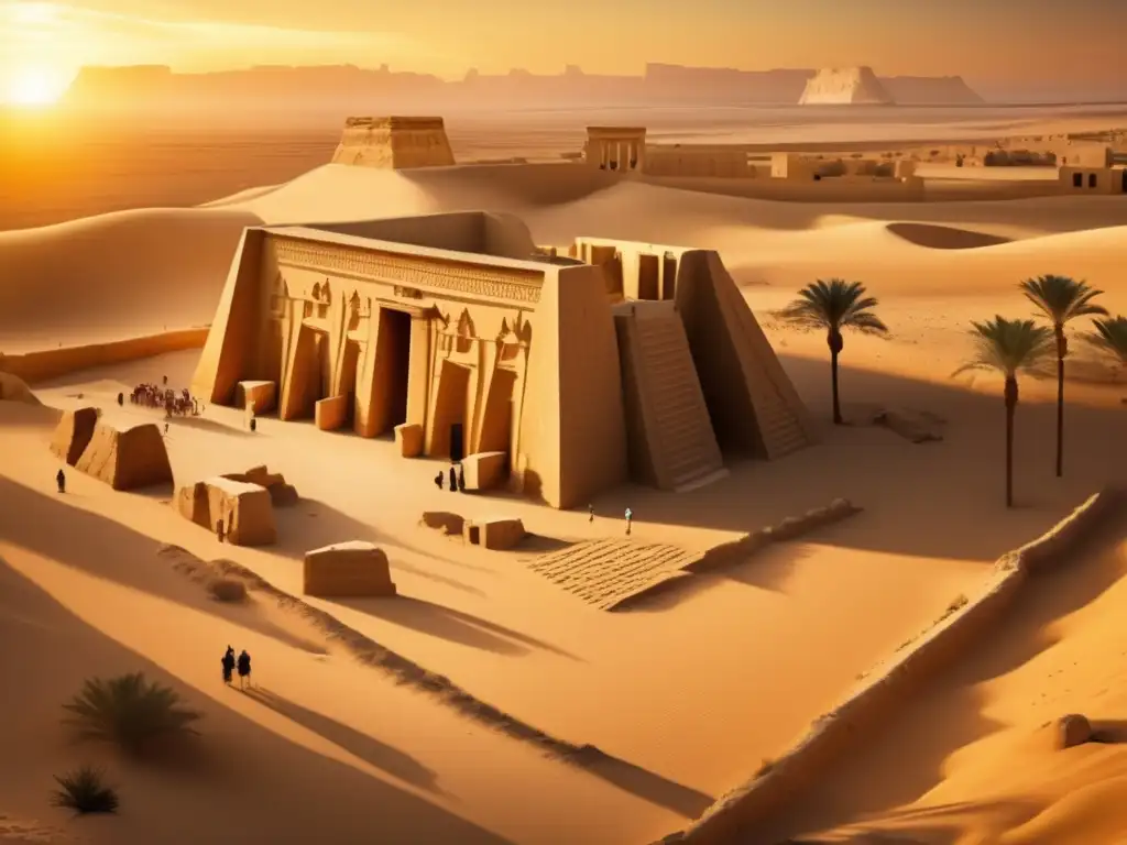 El majestuoso Templo de Amón en el Oasis de Siwa, rodeado de los tonos dorados del desierto al atardecer