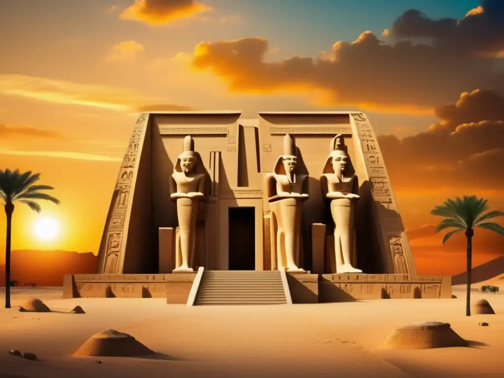 El majestuoso Templo de Ptah en Menfis se alza ante un vibrante atardecer egipcio