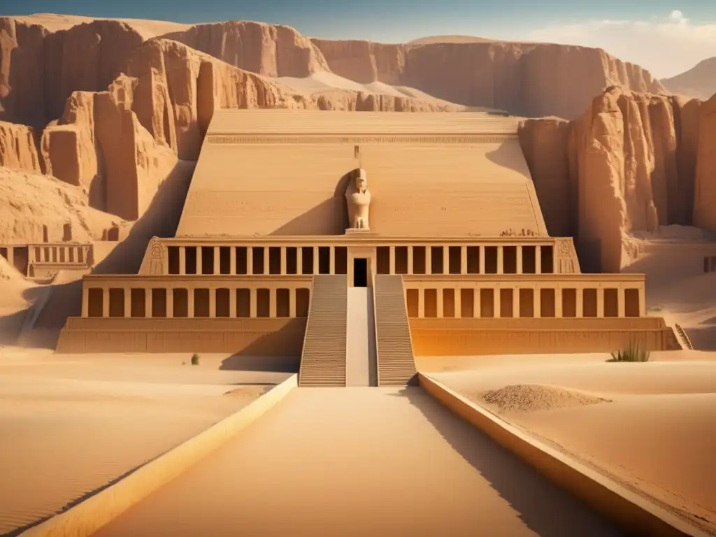 El majestuoso Templo de la Reina Hatshepsut emerge de las doradas arenas de Deir el-Bahari en una imagen ultradetallada en 8k