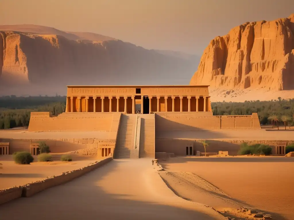 El majestuoso Templo de la Reina Hatshepsut en Deir el-Bahari, resalta entre el paisaje desértico con su arquitectura grandiosa y detalles intrincados