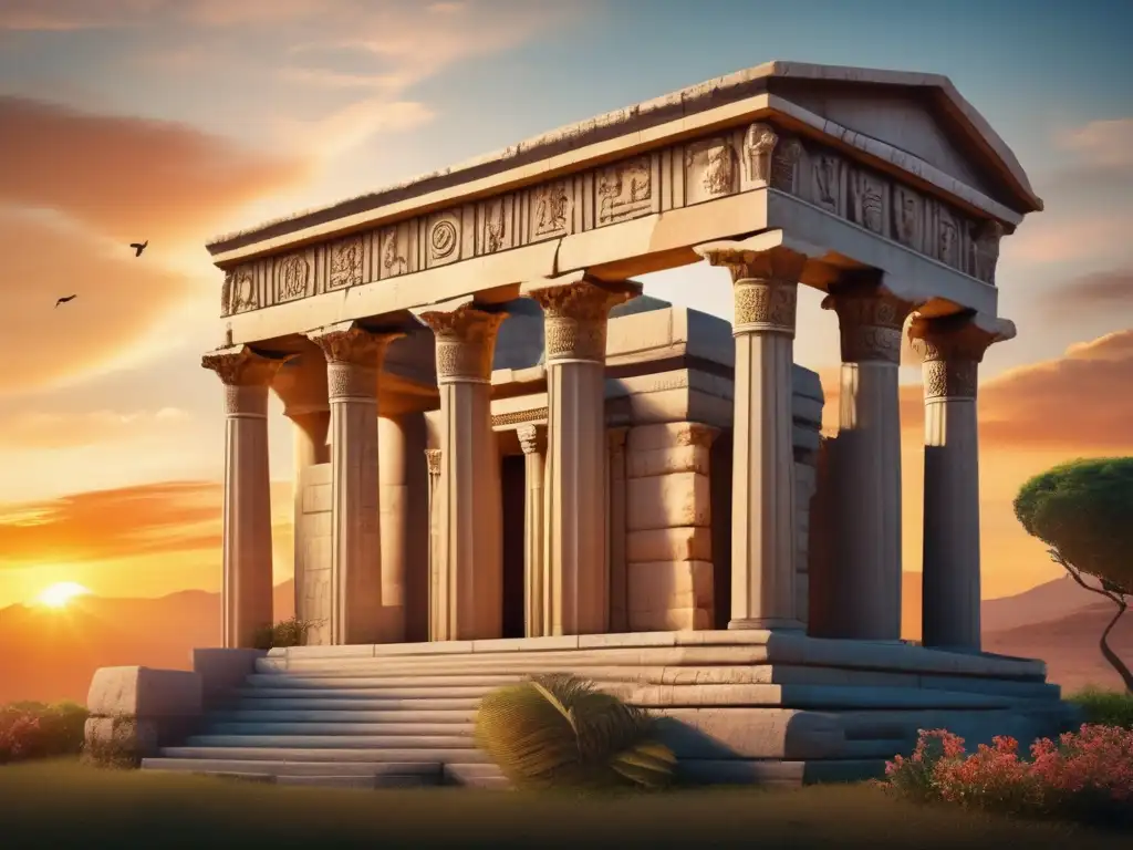 El majestuoso templo romano dedicado a la diosa Isis, con sus intrincados grabados y columnas, se alza orgulloso contra el fondo de un sereno cielo al atardecer
