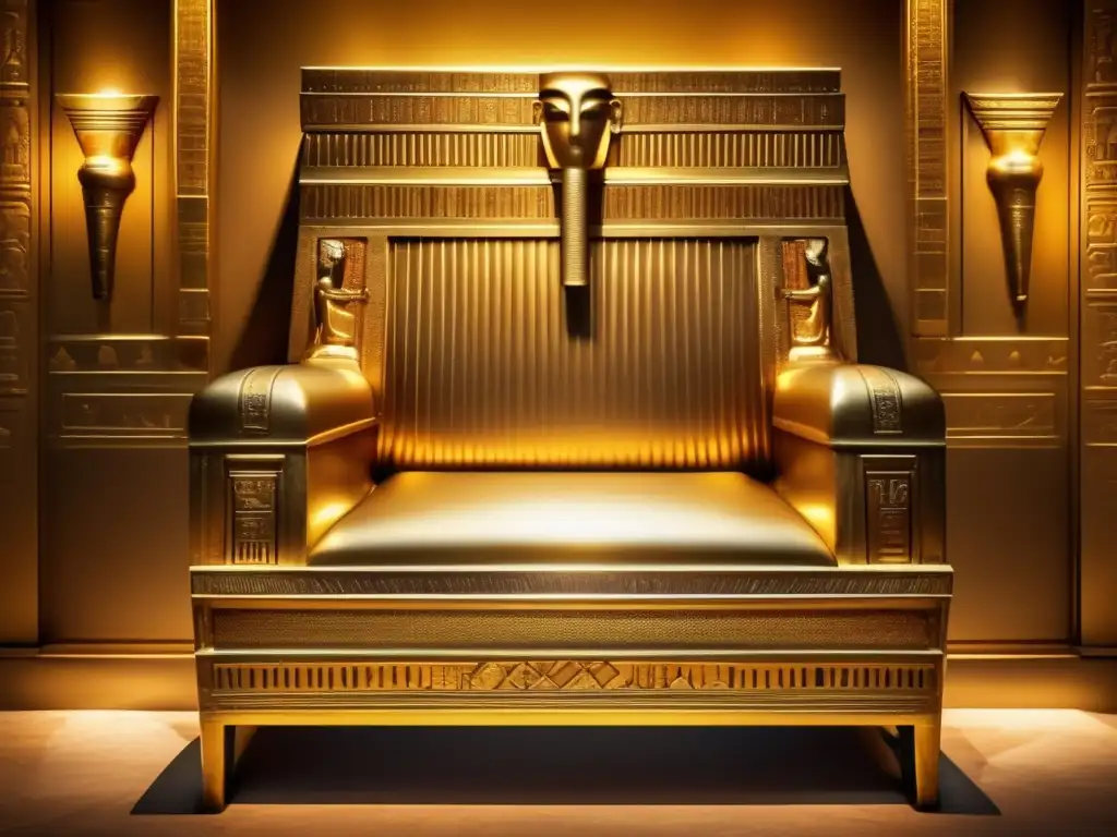 El majestuoso trono dorado de Tutankamón brilla en una cámara tenue