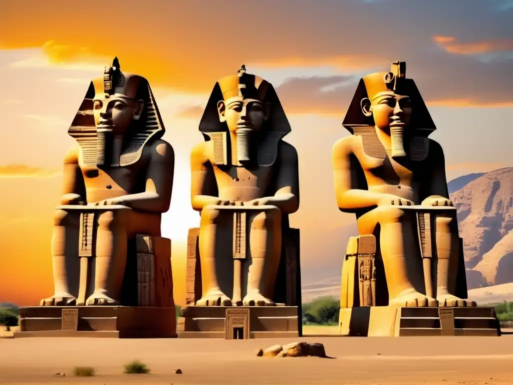 Los majestuosos Colosos de Memnón se alzan contra un atardecer dorado, exudando la grandiosidad de la antigua mitología egipcia