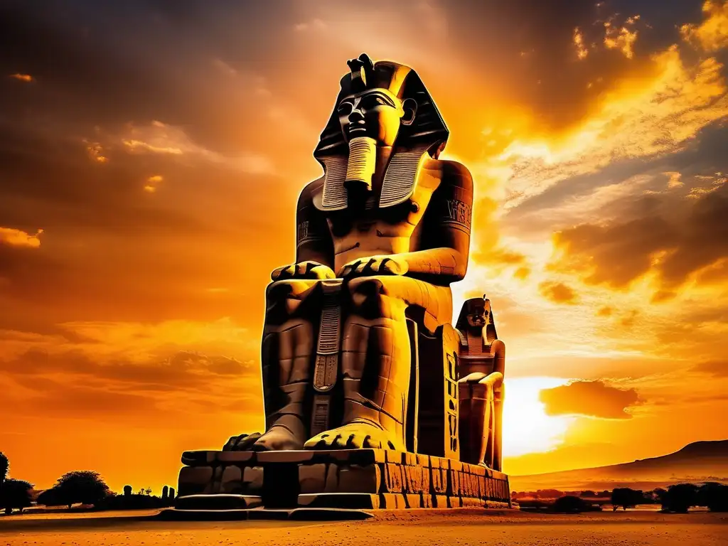 Los majestuosos Colosos de Memnón emergen contra un cielo atardecer, emanando una aura serena y atemporal