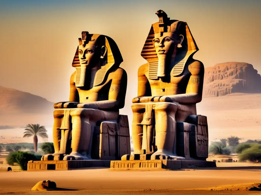 Los majestuosos Colosos de Memnón emergen ante el desierto egipcio, evocando la historia y mitología