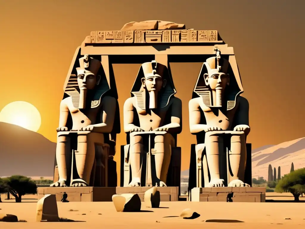 Los majestuosos Colosos de Memnón, guardianes de la necrópolis Tebana, se alzan imponentes en esta imagen vintage