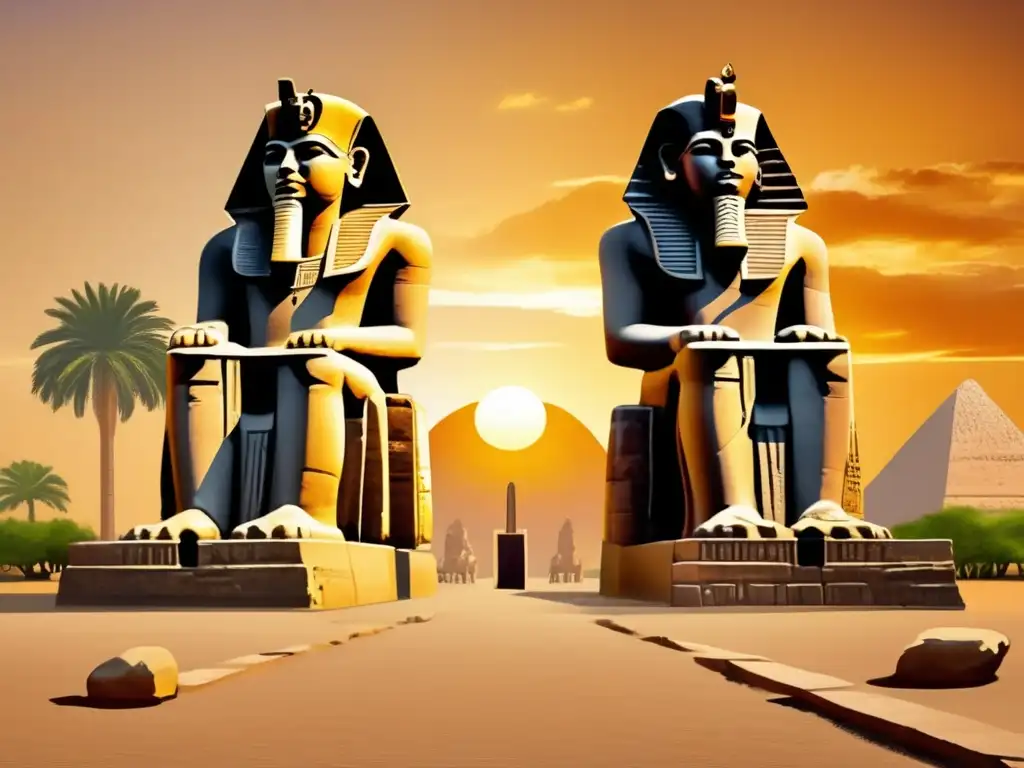 Los majestuosos Colosos de Memnón, símbolos de la mitología egipcia, se yerguen imponentes en un atardecer dorado