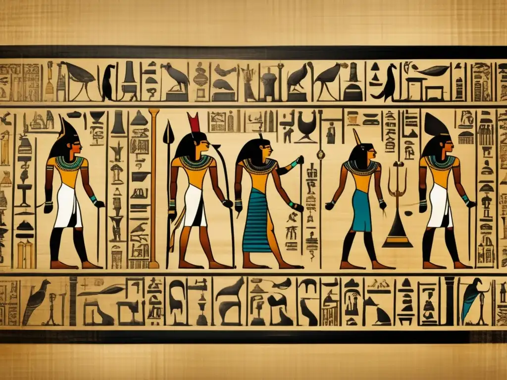 Majestuosos jeroglíficos reales del Antiguo Egipto en un papiro antiguo, revelando la rica mitología y herencia real del pasado