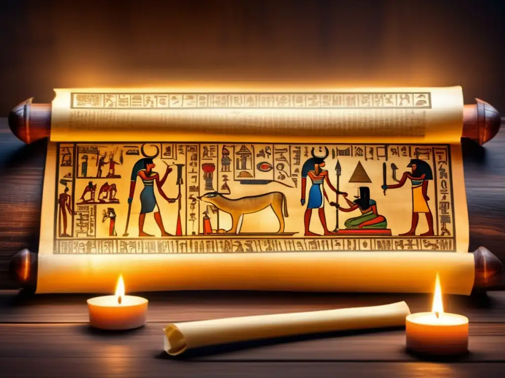 Majestuosos registros egipcios de fenómenos astronómicos en un antiguo pergamino de papiro desplegado sobre una mesa de madera oscura