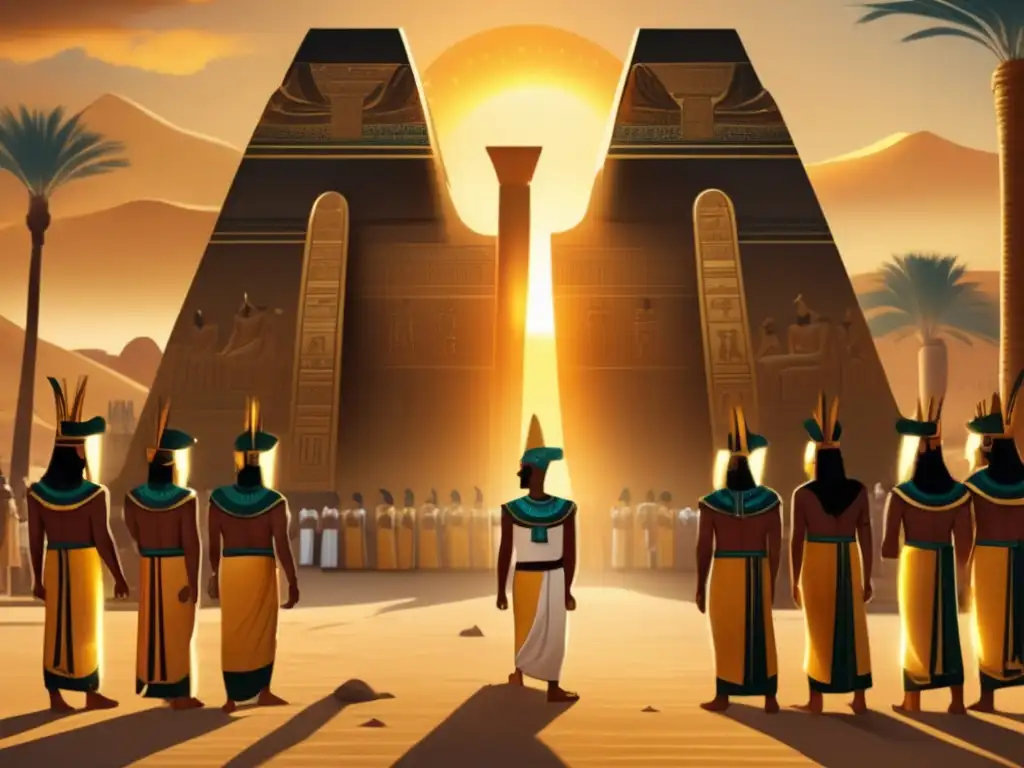 Majestuosos sacerdotes médicos de la civilización egipcia realizando rituales sagrados en un templo adornado con jeroglíficos