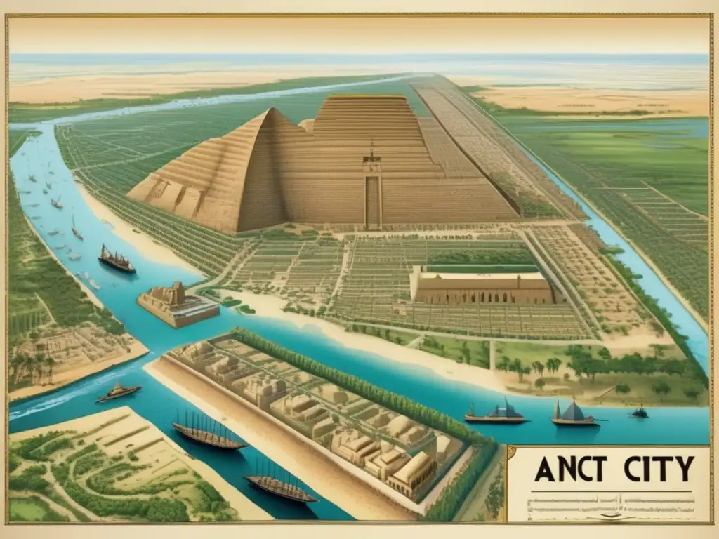 Mapa antiguo de una ciudad egipcia con planificación urbana militar y exuberante vegetación del Nilo
