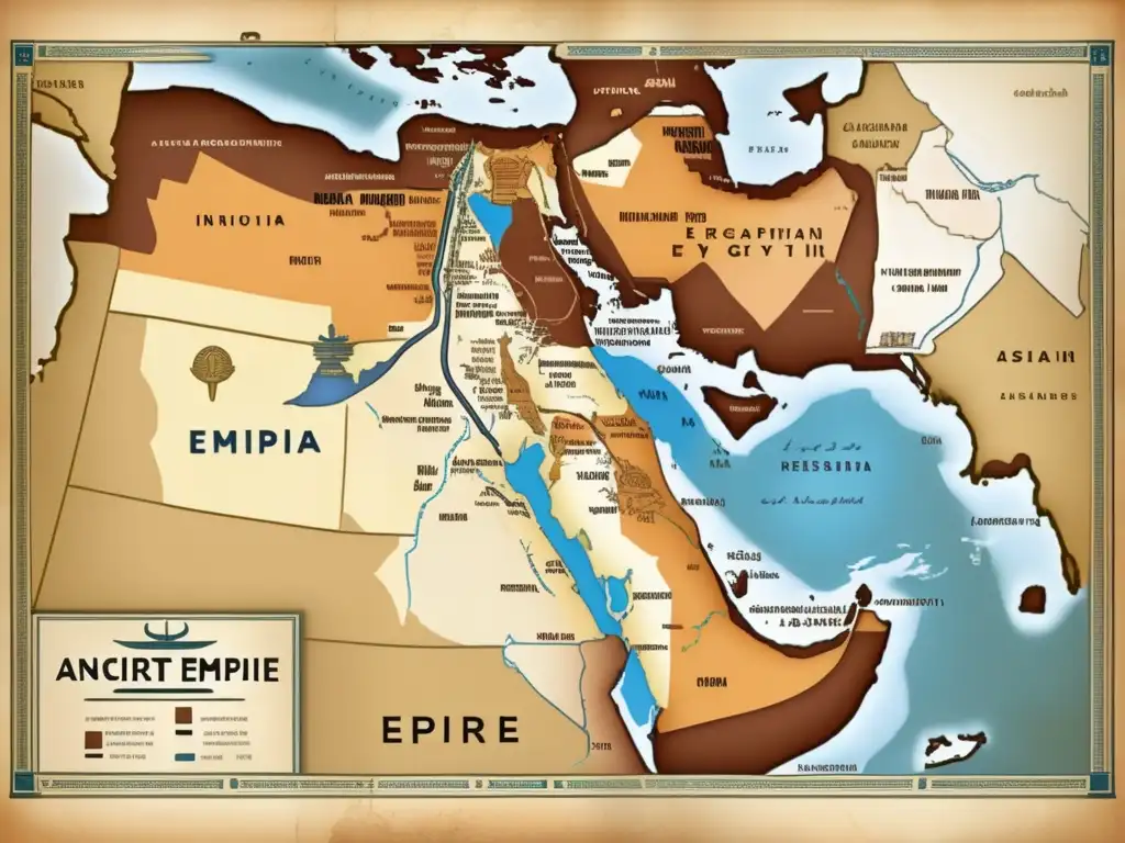 Un mapa antiguo que muestra el control territorial del Imperio Egipcio en Asia, con detalles geográficos precisos y tonos de época